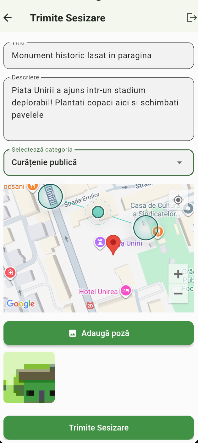 Ecran Vezi App cu sesizare pentru Piața Unirii